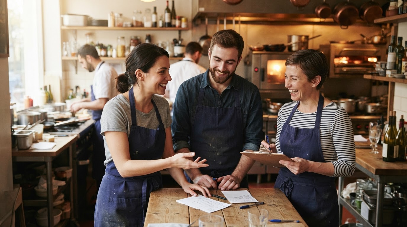 Restaurant colleagues sharing a pre-service briefing